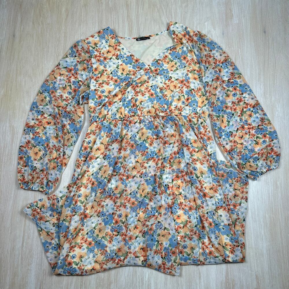 Prettygarden Floral Midi Dress Blue Orange Long Sleeve Empire Waist Women's XXL